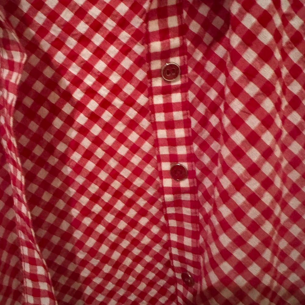 Susan Graver 3/4 sleeve Red Gingham Button-Up Shirt - Picture 4 of 9